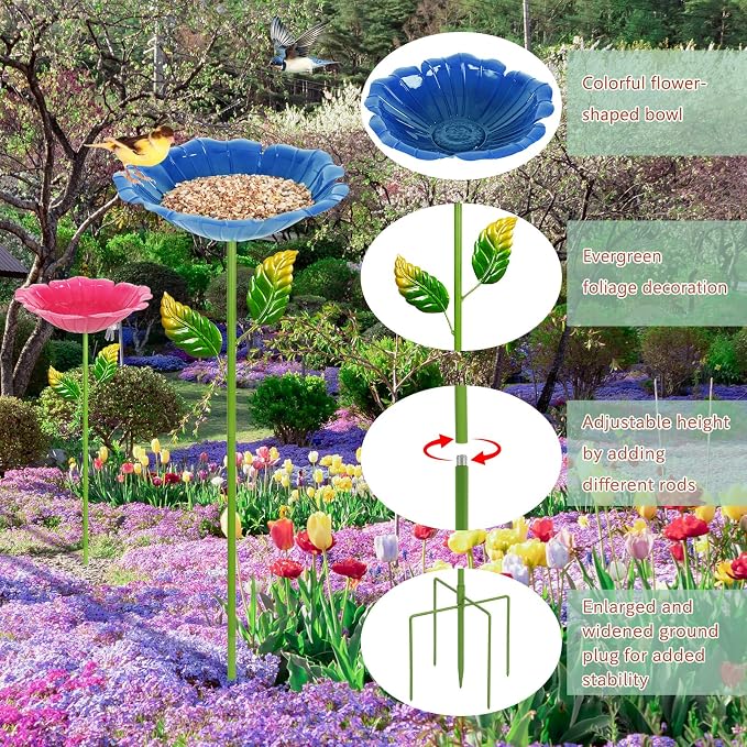 2 Pack Bird Baths for Outdoors, Colorful Metal Bird Bath for Outside, Hummingbird Bath with Five Stakes, Garden Flower Small Birdbath for Garden Decor, 31.3" H x 10.63" Dia (Royal Blue,Pink)