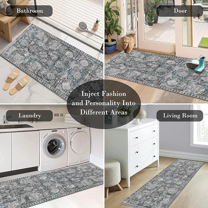 Washable Area Rugs - Perfect for Living Room, Bedroom, Kids Room, Nursery - Stain & Water Resistant Non-Slip, Pet & Child Friendly, Vintage Tribal Area Rugs (Grey and Bule, 2'6'' x 8')