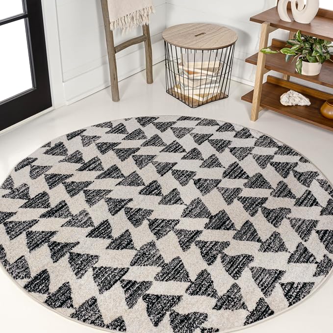 JONATHAN Y Aisha Moroccan Triangle Geometric Cream/Black 8' Round Indoor Area Rug, Contemporary, Modern, Easy-Cleaning for Living Room, Bedroom, Kitchen, Pet Friendly, Non-Shedding (MOH206A-8R)