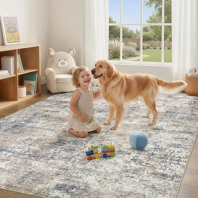 Nakagishi 6X9 Abstract Washable Area Rugs for Living Room-Blue Brown | Modern Non-Slip Silicone Backing Low Pile Soft Carpet for Bedroom Dining Decor Ideal for Families with Kids and Pets