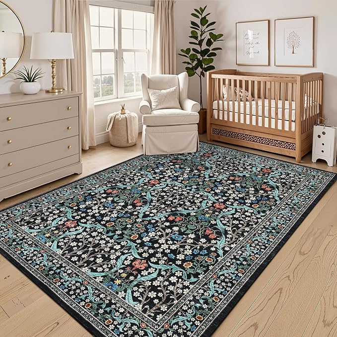 GarveeHome Floral Area Rugs 5x7, Washable Rug for Living Room, Bedroom, Low Pile Non Slip Stain Resistance Indoor Boho Carpet Mat for Farmhouse, Dining Room, Office, Black