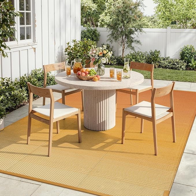 Lahome Outdoor Rug 9x12 Patio Waterproof, Reversible Plastic Straw Camping Rv Rugs for Outside Under Awning, Portable Lightweight Carpet for Porch Backyard, Orange Yellow 9'x12'