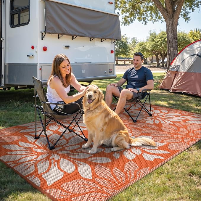 GENIMO Outdoor Rug Waterproof for Patio Decor, 6' x 9' Reversible Plastic Straw Floral Camping Carpet, Large Area Rugs Mats for RV, Camper, Deck, Balcony, Porch, Beach, Picnic, Orange & Beige
