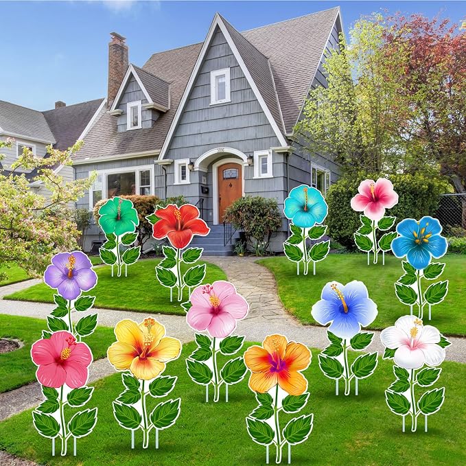 Menkxi 12 Pcs Hawaiian Luau Yard Signs Summer Hibiscus Lawn Sign Tropical Flower Yard Stake Waterproof Luau Outdoor Decorations for Happy Hawaiian Wedding Summer Party Garden Home Decor