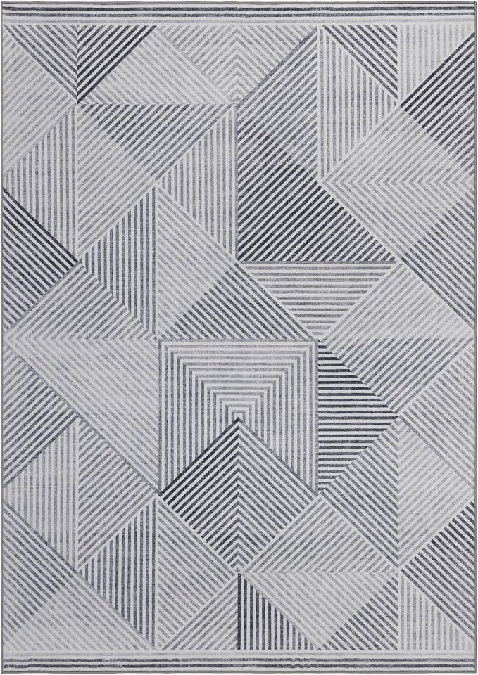 Machine Washable Area Rug - Living Room Bedroom Bathroom Kitchen Entryway Office - Padded Crease Free Stain Resistant Premium - Modern Geometric Contemporary - Miles - Gray 7'6" x 9'6"