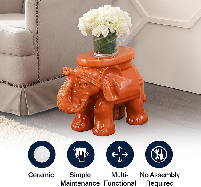 JONATHAN Y White Elephant 14.25" Glazed Ceramic Elephant Garden Stool, Weather-Resistant Indoor/Outdoor Patio Side Table and Plant Stand, Bohemian, Orange TBL1007C