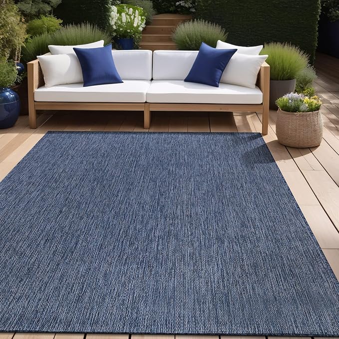Beverly Rug Indoor Outdoor Rug 10x14, Washable Outside Carpet for Patio, Deck, Porch, Solid Modern Area Rug, Water Resistant, Azure Blue
