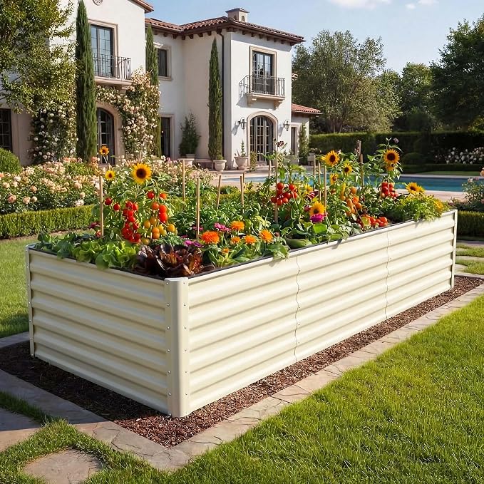 YITAHOME 8x4x2ft Large Raised Garden Bed Kit, Galvanized Metal Planter Box with Gloves, Support Rod & Safety Rubber, Outdoor Above Ground Planters for Plants Vegetables Flowers, Cream Yellow