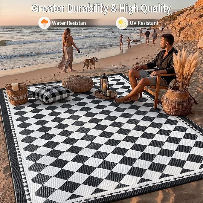 HUGEAR Outdoor Waterproof Rug 9'x12' Plastic Straw Rugs Washable Reversible Floor Mat Black/White Plaid Carpet for Camping RV Deck Entryance Porch Picnic Balcony Beach Backyard