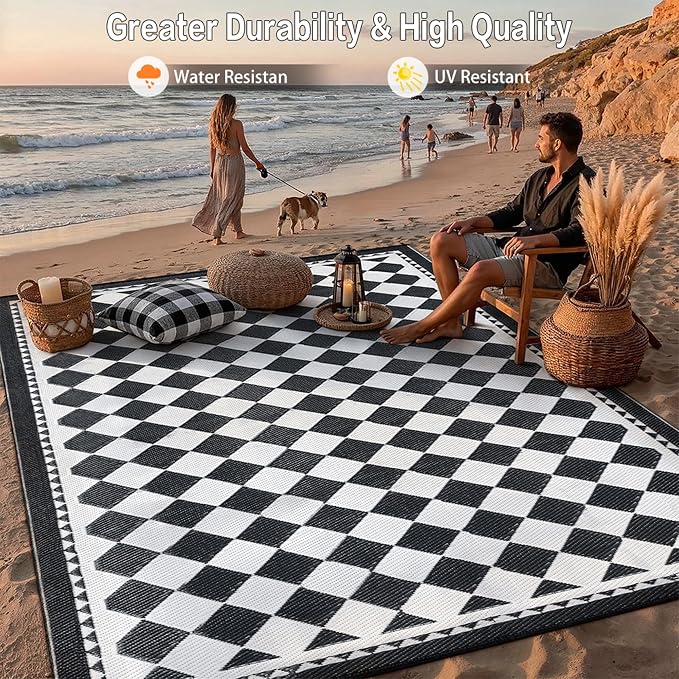 HUGEAR Outdoor Waterproof Rug 8'x10' Plastic Straw Rugs Washable Reversible Floor Mat Black/White Plaid Carpet for Camping RV Deck Entryance Porch Picnic Balcony Beach Backyard