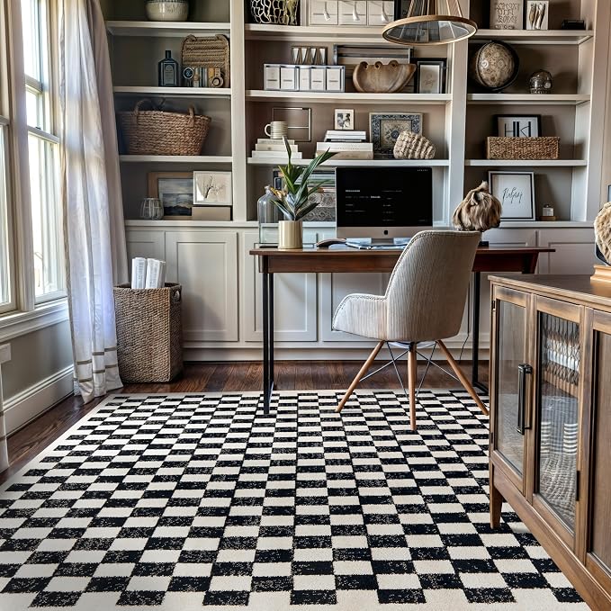 Rugshop Contemporary Checkered Grid Contrast Area Rug Soft Black 4' x 6' | Rectangular, Size 4' x 6', Living Room, Bedroom, Dining Room, Home Office, Kitchen, Entryway, Hallway, Nursery, Kids Room