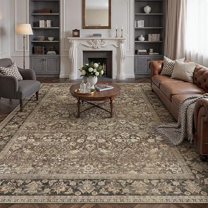 HUGEAR 9x12 Machine Washable Rugs Brown Living Room Large Area Rug Indoor Accent Rug Floral Mid Pile Carpet Soft Soft Thicker Aesthetic Rug Bedroom Office Dining Laundry