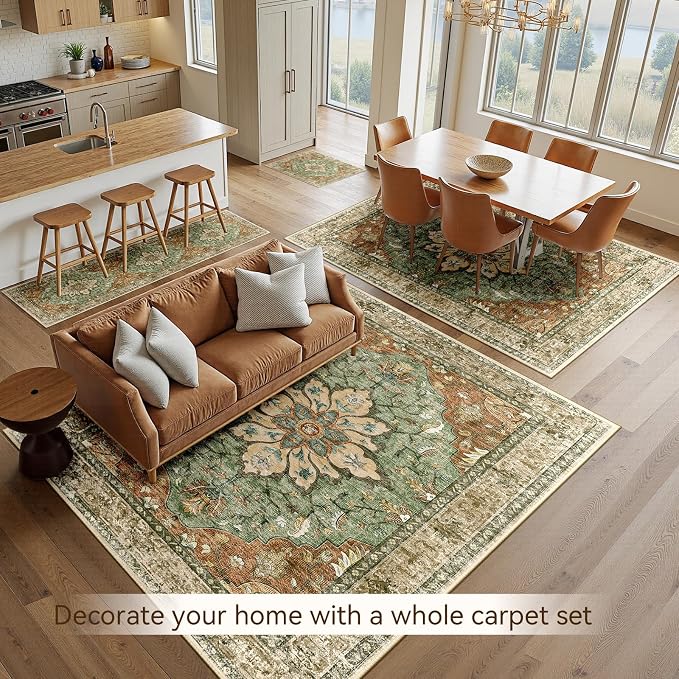 RELEANY Washable Area Rug, Large 10'x12', Brick/Brown/Green | Non-Slip, Water Repellent, Pet Friendly, Easy to Clean, Vintage Floral Boho Decor for Living Room Bedroom Dining Room