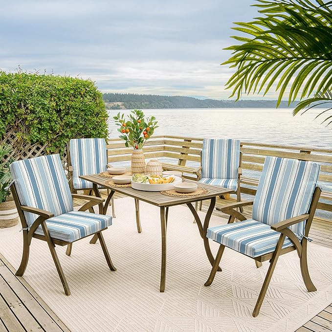 Arden 4-Pack Outdoor Patio Dining Chair Cushion, 20 x 44, Rain-Proof Seat Pad, Fade-Resistant Outdoor Cushion French Blue Linen Stripe