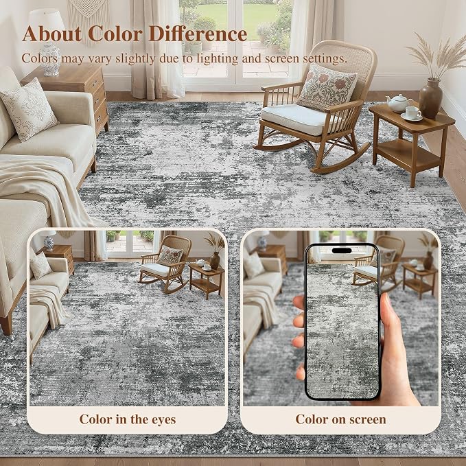 UERMEI 8x10 Area Rug for Living Room - Washable Neutral Modern Abstract Carpet, Non-Slip Soft Large Indoor Floor Rugs for Bedroom Home Office & Under Dining Table Decor, Grey Black