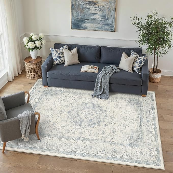 4x6 Blue Washable Area Rug Non Slip Vintage Carpet | Low Pile, Stain Resistant, Living Room, Kitchen, Bedroom, Entryway, Nursery, Laundry Room, Hallway, Soft, Thin, Lightweight