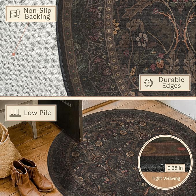 5ft Round Small Living Room Area Rug Washable, Moody Cottagecore Floral Circle Rug, Dark Brown Botanical Small Carpet with Non-Slip Backing, Low Pile Soft Floor Decor for Reading Corner, Entryway