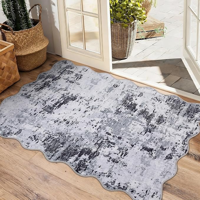 ROYHOME Modern Abstract Scalloped 2x3 Area Rug Non Slip, Grey | Non Shedding Low Pile Stain Resistant Rug for Entryway Kitchen Bedroom
