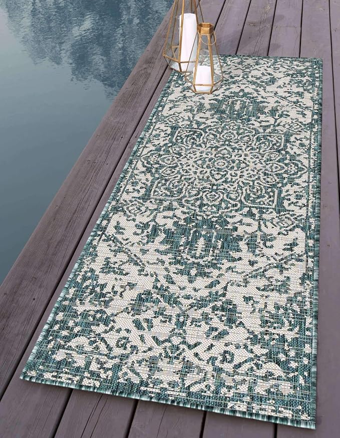 Unique Loom Outdoor Collection Area Rug - Dubai (2' x 8' Runner, Teal/ Ivory)