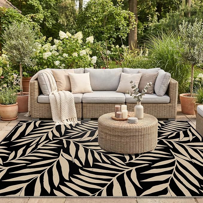 Smiry Outdoor Rug 6x9 ft, Waterproof Reversible Plastic Straw Rugs, Outdoor Area Rug with Leaf Pattern, Outside Floor Mat for Patio, Backyard, Deck, Picnic, Beach, Camping, Black & Beige