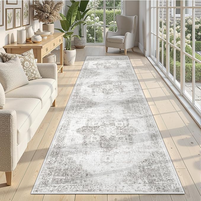 Runner Rug 2x8 Washable Rug, Vintage Boho Medallion Hallway Runner Non-Slip Soft Low Pile Distressed Floor Carpet Retro Doormat for Kitchen Bedroom Laundry Entryway Bathroom (Grey, 2'x8')