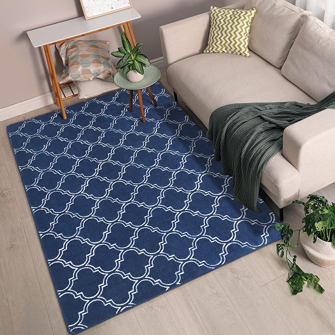 Chicrug 4x6 Shag Geometric Modern Area Rug for Bedroom Living Room | Memory Foam Indoor Carpet, Fluffy Rug for Bedside Room for Family Girls Kids Play Mat, Navy and White