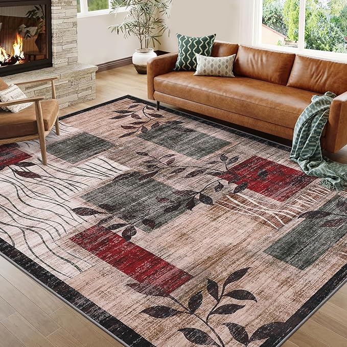 GarveeHome Washable 5x7 Rug Modern Geometric Floral Rug Machine Washable Non-Slip Carpets for Living Room Bedroom Kitchen Dining Room, Low-Pile Non-Shedding Floor Carpet Brown Red 5x7