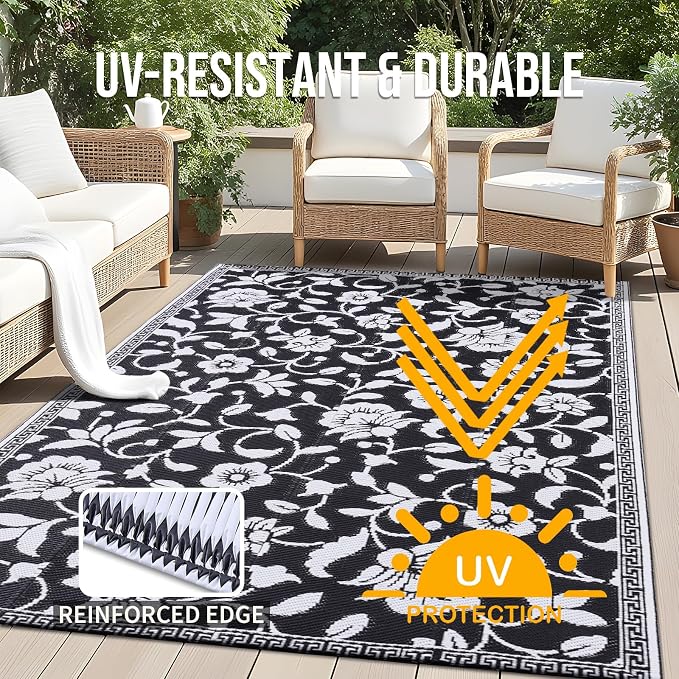 OLANLY Waterproof Outdoor Rug 4x6 ft, Outdoor Plastic Straw Rug with Flower Pattern, Reversible RV Mat for Patio, Camping, Balcony, Deck, Backyard, Black & White