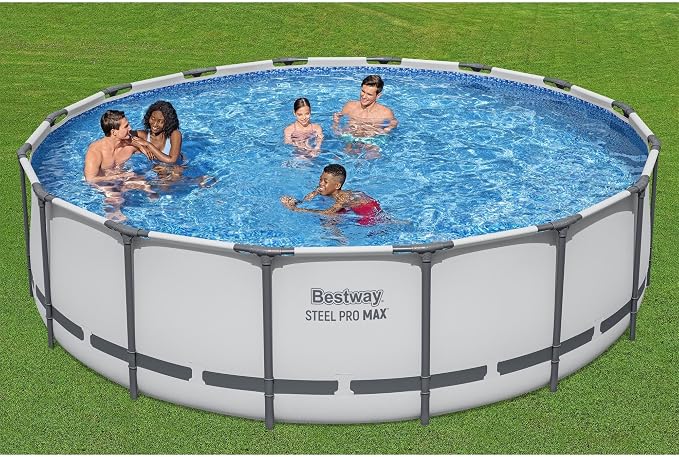 Bestway Steel Pro MAX 16' x 48" Above Ground Swimming Pool Set with Pump | Durable Round Metal Frame Outdoor Backyard Pool, Puncture-Resistant Liner - Ladder and Cover Included, Gray