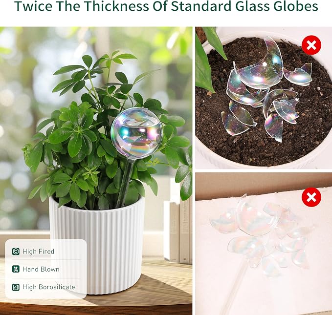 Soilagua Large Extra-Thick Clear Glass Plant Watering Globes, Rainbow Gradient Self Watering Devices for Indoor & Outdoor Plants, AutomaticWaterer Spikes, Perfect for Daily or Vacation Use, 6-Pack