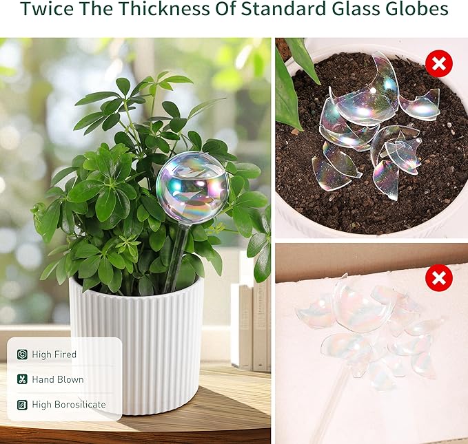 Soilagua Extra-Thick Clear Glass Plant Watering Globes, Rainbow Gradient Self Watering Globes, Automatic Plant Waterer, Self Watering Planter Insert Spikes Devices for Everyday or Vacation Use, 2-Pack