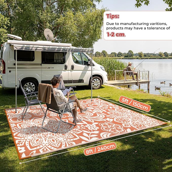 Findosom Waterproof Outdoor Rug 5' x 8' - Reversible Mandala Outdoor Plastic Straw Rug, Durable Foldable Patio Rug for RV, Deck, Balcony, Backyard, Picnic, Porch, Camping, Beach, Orange