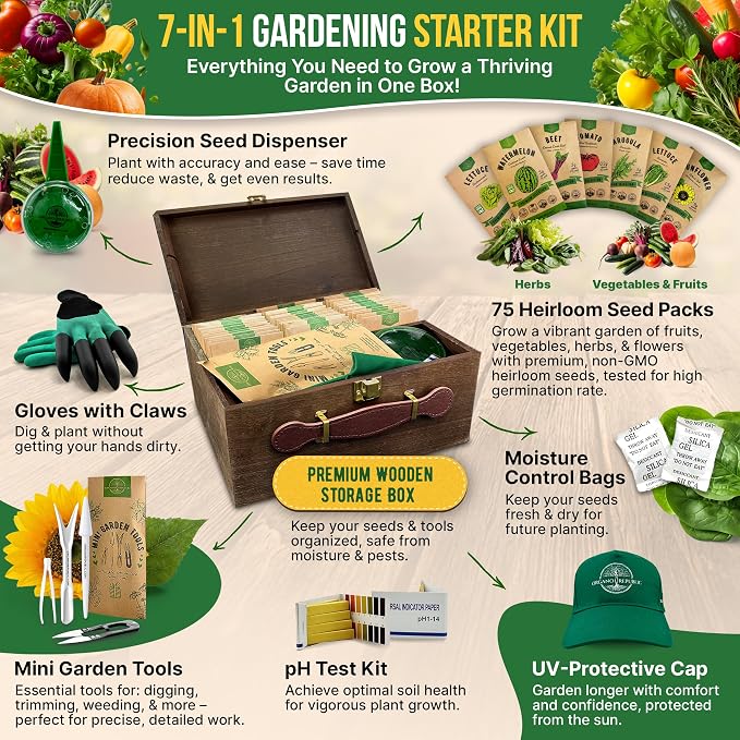 75 Vegetable & Greens Seeds Variety Pack, Garden Seed Starter Kit - Over 44,700 Non-GMO Heirloom Seeds for Planting Vegetables and Greens, Seed Box with Gardening Supplies, Gardening Gifts