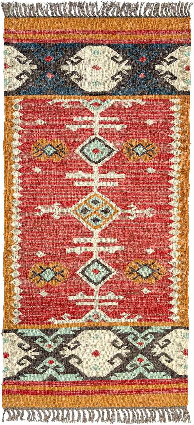 Jute Traditional Kilim Rug Boho Flatweave Area Rug for Living Room, Living Room Entryway, Tribal Series, 2'x18'