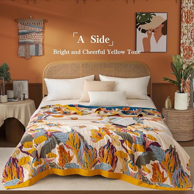 Phuryllic Boho Throw Blanket Throw Size, Soft Cozy Cotton Muslin Quilt Blanket for Bed Decor, Floral Patterned Couch Sofa Chair Cover, Vintage Farmhouse Cottage Tapestry Woven Blanket, Yellow&Blue