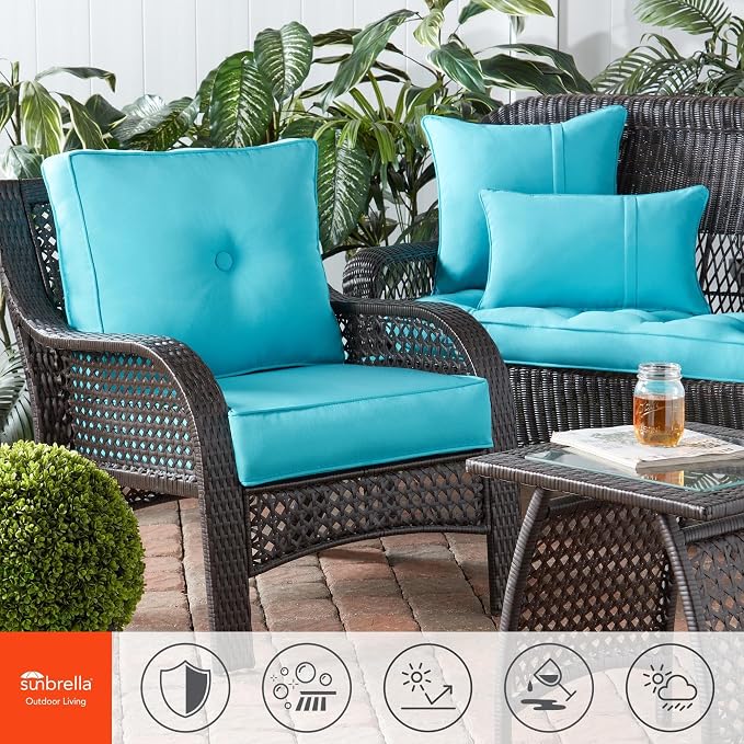 Sunbrella Deep Seat Cushion Set – Seat & Back Cushions for Patio Chairs, Sofas & Loveseats – Fade Resistant Outdoor Fabric, Ties, Zippered Cover, Cord Trim, Canvas Aruba