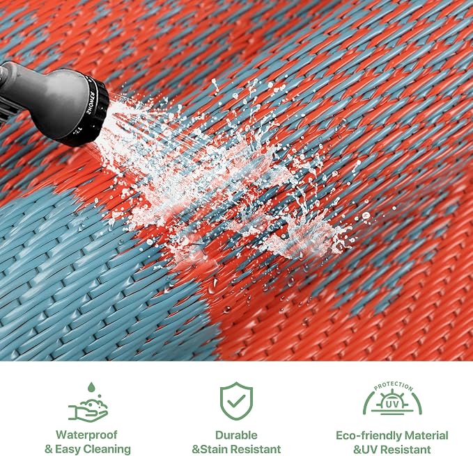 GENIMO Outdoor Rug Waterproof for Patio Decor, 6' x 9' Reversible Plastic Straw Floral Camping Carpet, Large Area Rugs Mats for RV, Camper, Deck, Balcony, Porch, Beach, Picnic, Red & Blue