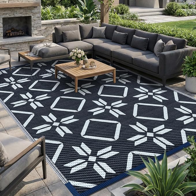 Kohree Outdoor Rug Waterproof 9x12, Reversible RV Outdoor Plastic Straw Rug Patio Mat, Non-Slip Easy Cleaning RV Carpet for Patio Camping Deck Picnic, Backyard, Includes Carry Bag (Blue)