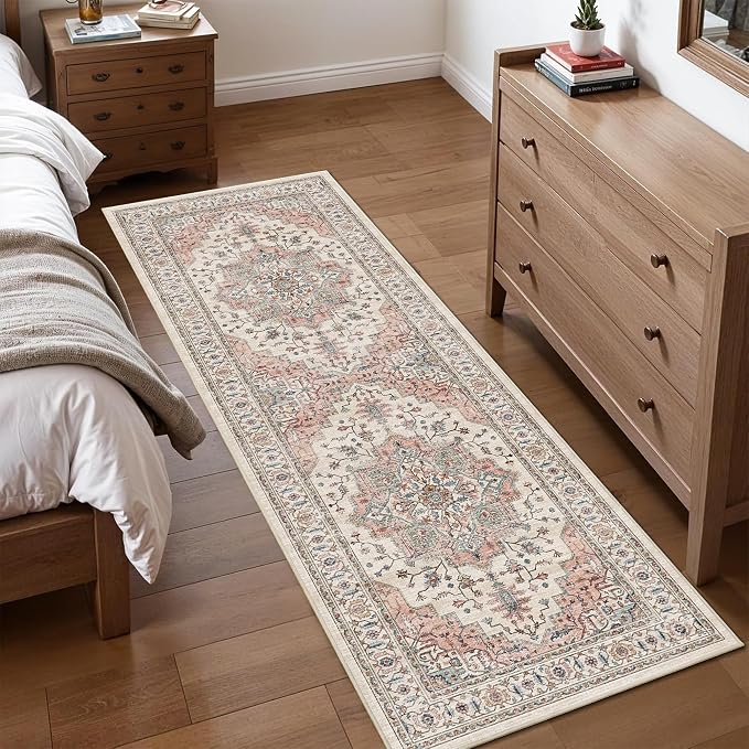2x6 Vintage Runner Rug Low Pile Non-Slip Washable Kitchen Rug | Retro Distressed Print Rug Non-Shedding Beige Pink Carpet Stain Resistant Long Rug for Hallway Kitchen Bedroom Laundry Room