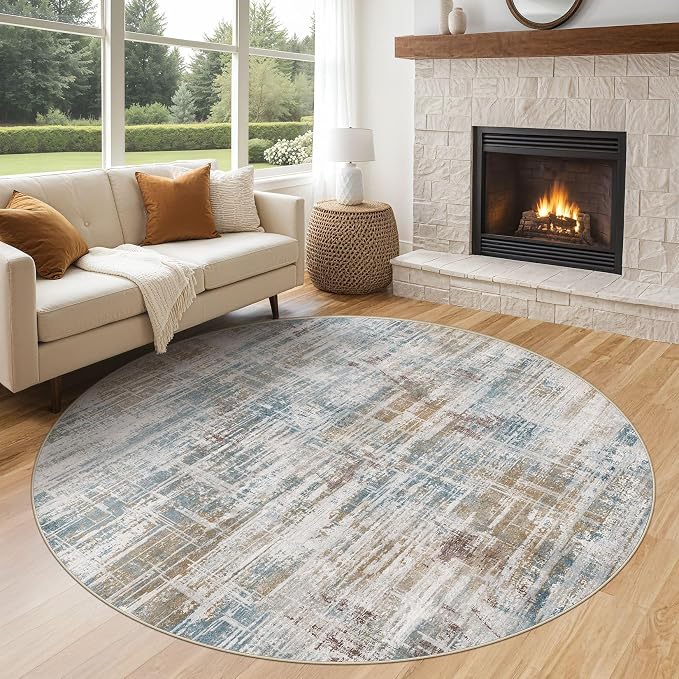 UERMEI 6ft Round Area Rug for Living Room Washable Abstract Blue Brown | Soft Low Pile Non Slip Indoor Carpet Stain Resistant Kid Pet Friendly Circle Rug For Bedroom Dining Room Office Nursery