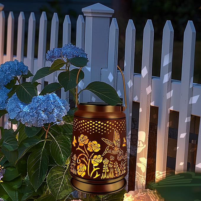 KY&BOSAM Rose Hummingbird Solar Lanterns Outdoor Waterproof Garden Decor | Retro Appearance ,Old Gold Color Metal Hanging Solar Lights Gifts for Women Mom Grandma Outside for Yard,Patio,Backyard,Porch