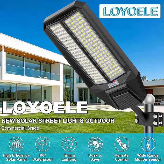 loyoele Ultra-Bright Solar Street Light with Motion Sensor,12000W Commercial Outdoor Solar Security Light, IP67 Waterproof, Dusk-to-Dawn LED Flood Light for Yard, Parking Lot, Driveway, Barn, Garden