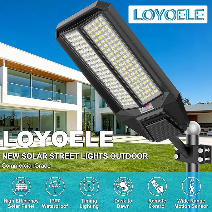 loyoele Ultra-Bright Solar Street Light with Motion Sensor, 11000W Commercial Outdoor Solar Security Light, IP67 Waterproof, Dusk-to-Dawn LED Flood Light for Yard, Parking Lot, Driveway, Barn, Garden