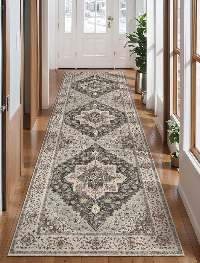 Tangsoo 2.6x8 Washable Runner Rugs for Hallway, Non Slip Vintage Grey/Multi | Farmhouse Soft Low Pile Long Runner, Boho Carpet Hallway Runners for Kitchen Bedroom Entryway Bathroom Living Room Home Decor