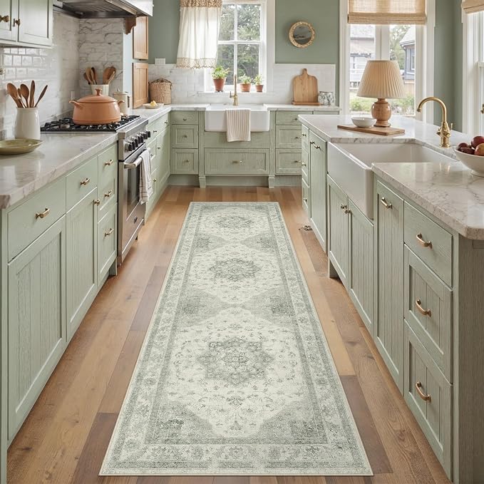Green 2x8 Washable Runner Rug Kitchen Vintage Oriental Carpet | Soft Low Pile, Non Slip, Stain Resistant, Floral Medallion, Neutral Retro Decor for Entryway, Bathroom, Hallway, Bedroom