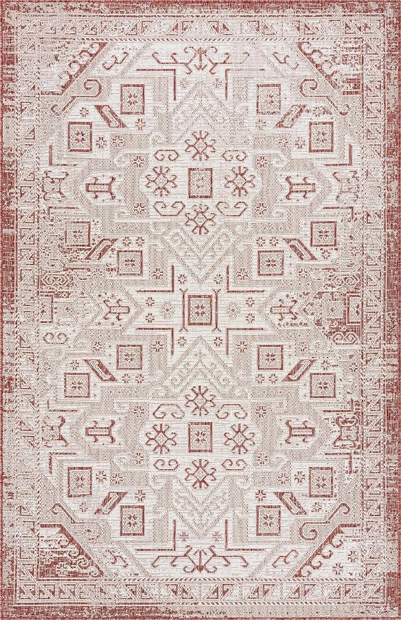 Unique Loom Outdoor Aztec Collection Area Rug - Coba (5' 3" x 7' 10" Rectangle, Rust Red/ Ivory)
