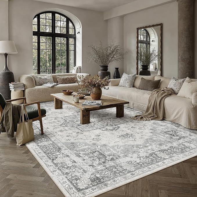 Gray 6x9 Washable Area Rug Living Room Vintage Oriental Carpet | Soft Low Pile, Non Slip, Stain Resistant, Floral Medallion, Retro Indoor Decor for Bedroom, Dining Room, Kids Room, Office