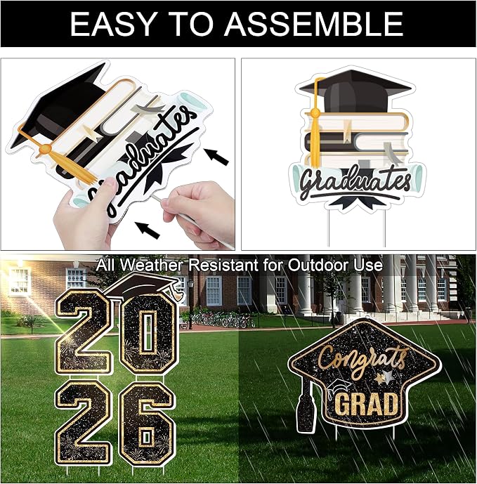 Large 11 PCS Graduation Yard Signs, Class of 2026 Congrats Grad Outdoor Lawn Yard Sign with Stakes, Graduate Yard Decorations for College High School Party, Black and Gold