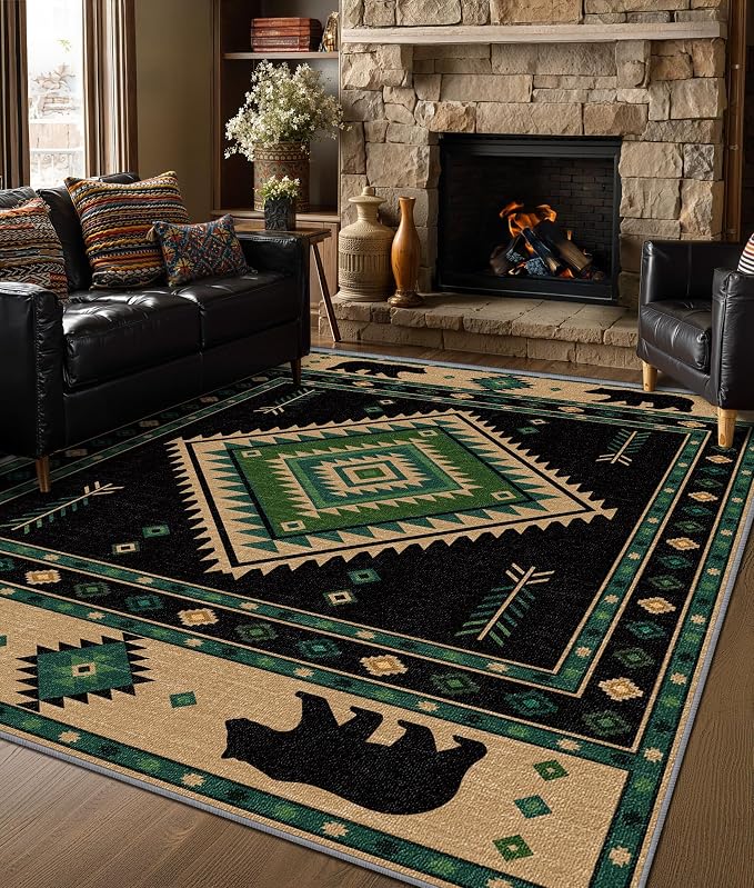 Southwestern Rug 4x5 - Native American Bear Cabin Area Rugs for Bedroom Living Room, Rustic Western Machine Washable | Non-Slip | Soft Carpets, Aztec Room Decor (Green Tan Black)
