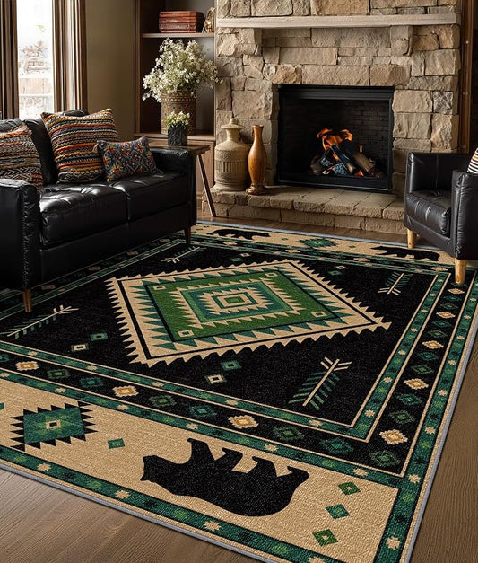 Southwestern Rug 5x6 - Native American Bear Cabin Area Rugs for Bedroom Living Room, Rustic Bohemian Machine Washable | Non-Slip | Soft Carpets, Aztec Room Decor (Green Tan Black)